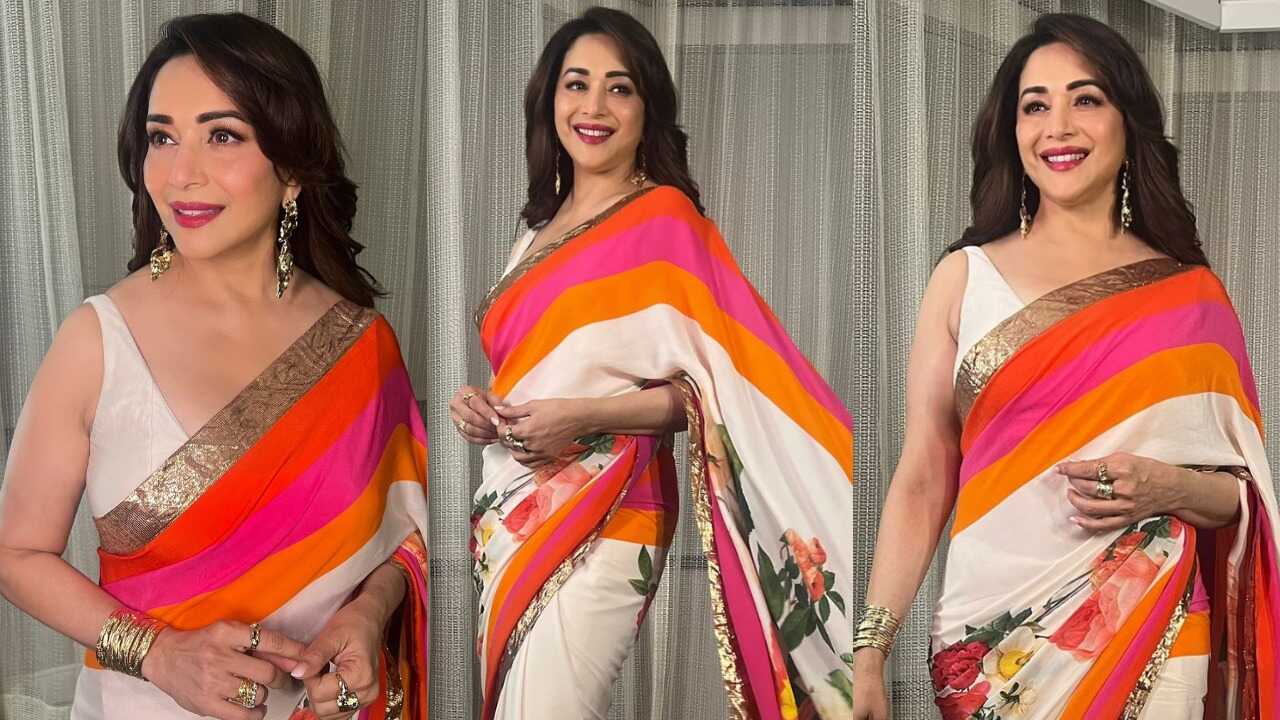 Madhuri Dixit's colorful floral saree with minimalistic accessories look (PC: Madhuri Dixit's Instagram)