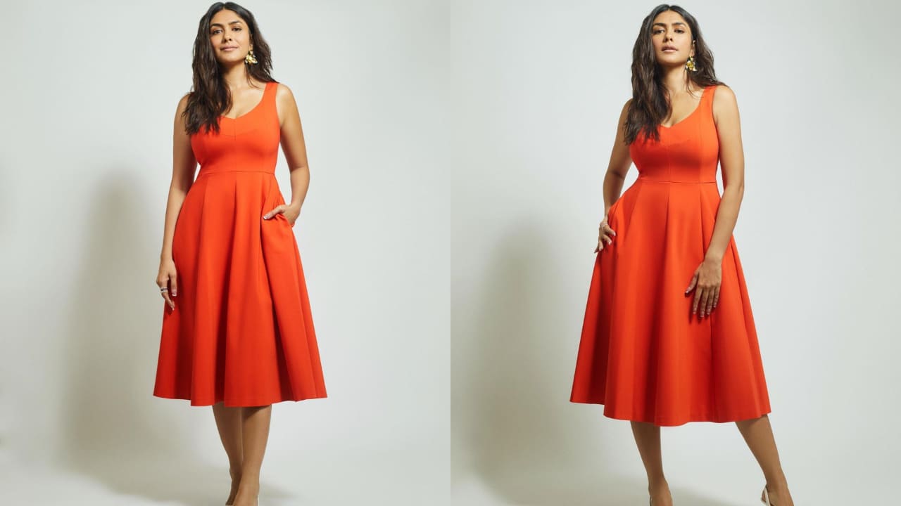 Mrunal Thakur in orange skater dress