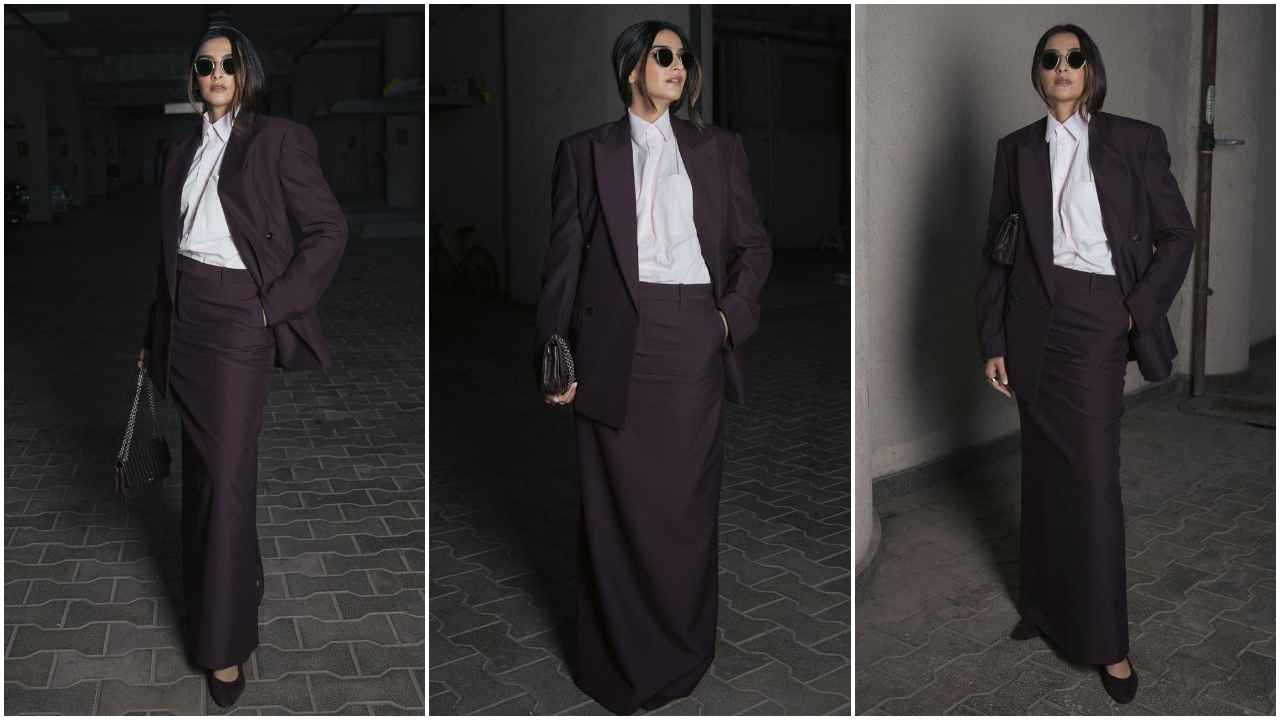 Sonam Kapoor makes a formal statement in blazer and skirt look with baby pink shirt that was all things demure (PC: Sonam Kapoor Instagram)