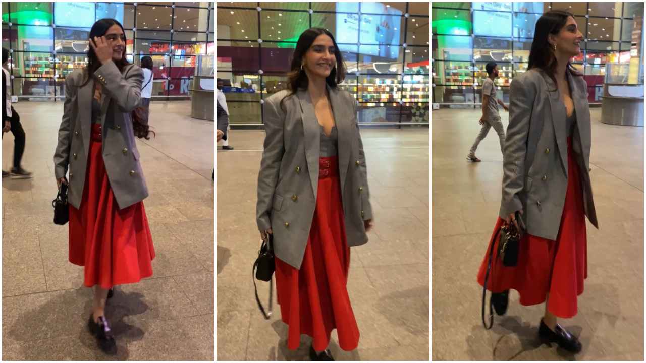 Sonam Kapoor looks Khoobsurat in fiery corset top, blazer and denim maxi skirt with  Dior bag for airport look (PC: Varinder Chawla)