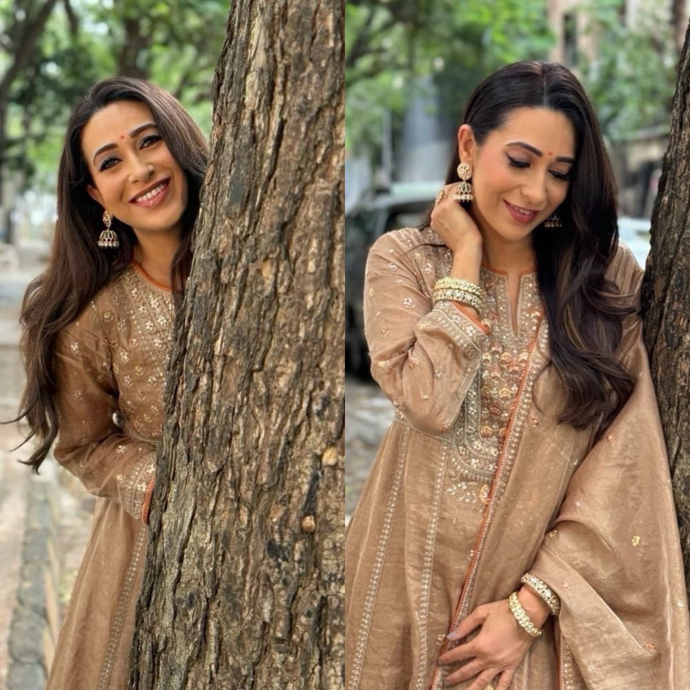 Karisma Kapoor’s bronze suit worth Rs 1,10,000 is made for a fashionable celebration this wedding season