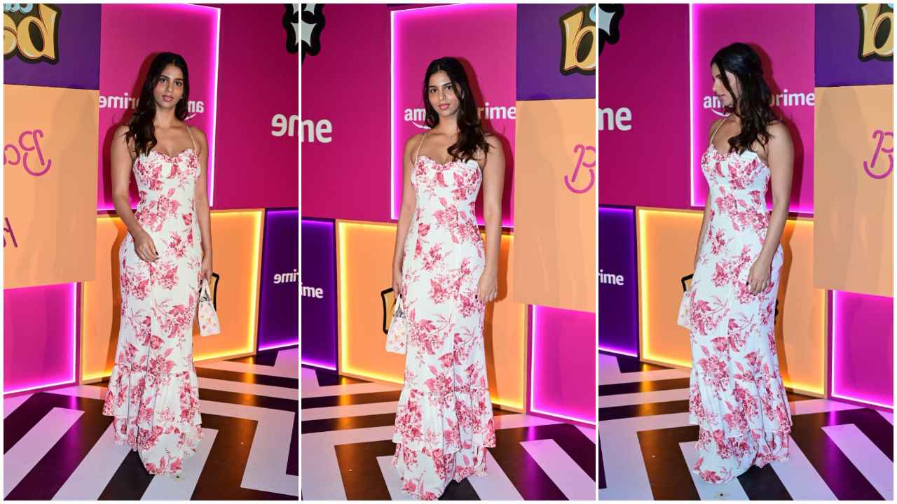Call Me Bae Screening: Suhana Khan's love affair with floral continues as she styles maxi dress with Rs 2,77,000 LV bag (PC: Viral Bhayani)