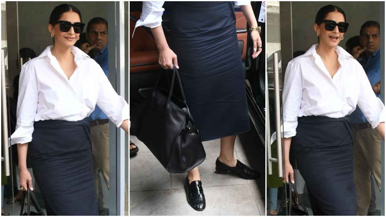 Sonam Kapoor’s white shirt and black wrap-up style skirt look is making us sing ‘Rabba Main Toh Mar Gaya’ (PC: Viral Bhayani)