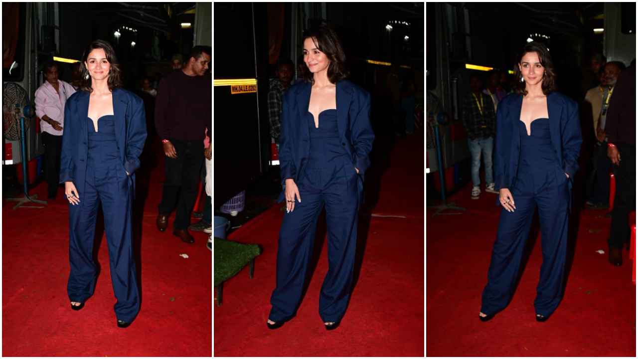 Alia Bhatt switches on boss mode in a fabulous blue pantsuit with a matching strapless corseted top (PC: Viral Bhayani)
