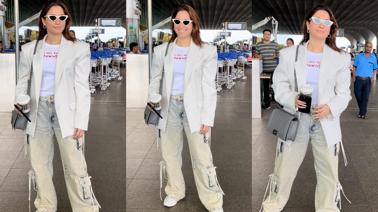 Tamannaah Bhatia in white blazer and cargo pants at airport
