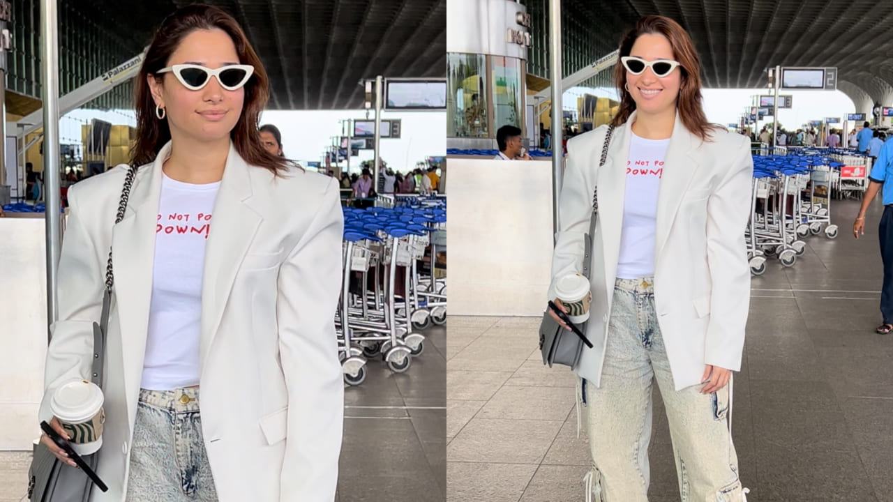 Tamannaah Bhatia in white blazer and cargo pants at airport