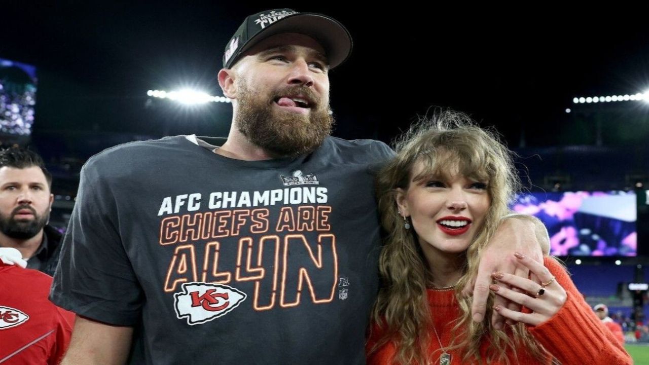 Taylor Swift with Travis Kelce (via Getty Images)