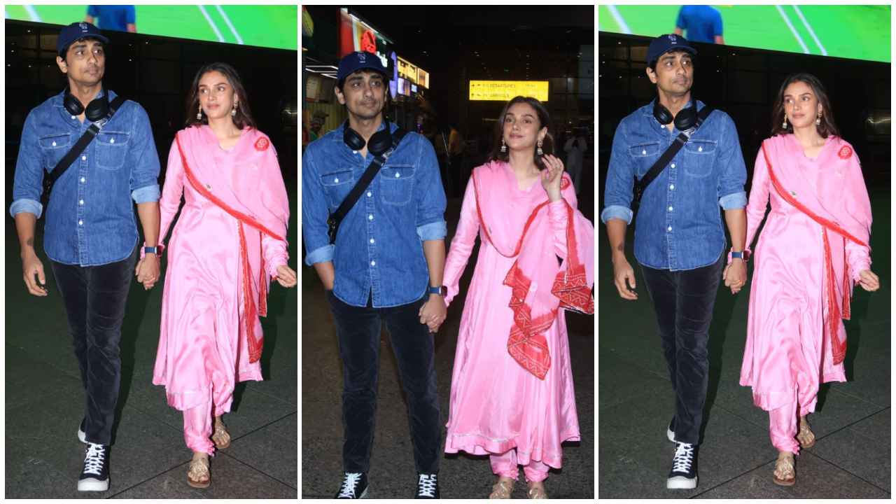 Aditi Rao Hydari makes first post-wedding appearance at Mumbai airport in a classy pink anarkali suit  (PC: Viral Bhayani)
