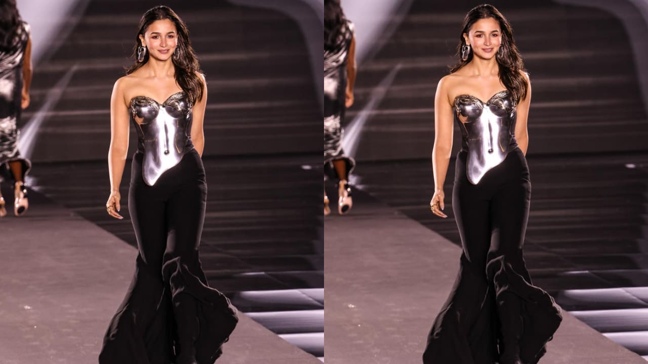 alia bhatt in metalbreast plate and flared pants