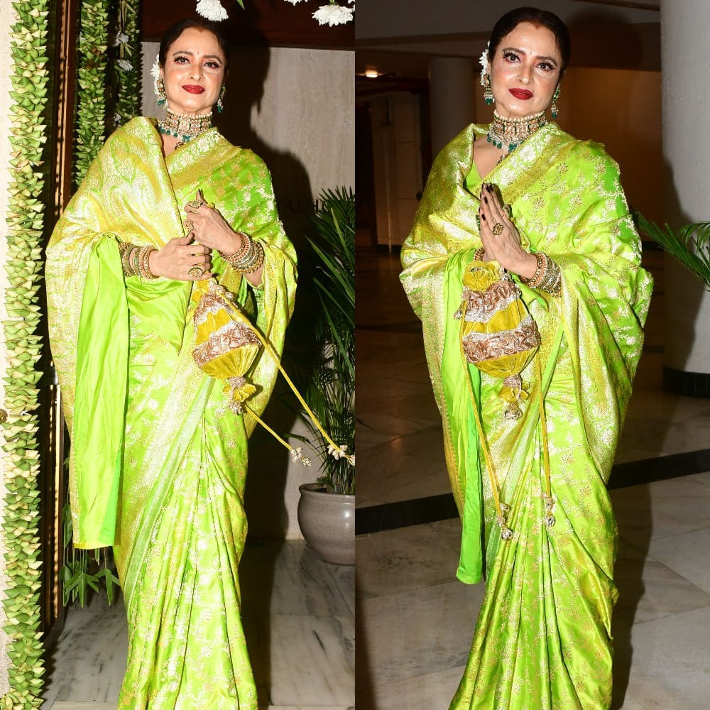 Rekha looks truly divine in green and gold Kanjeevaram saree as she graces Manish Malhotra's Ganpati celebrations Rekha looks truly divine in green and gold Kanjeevaram saree as she graces Manish Malhotra's Ganpati celebrations