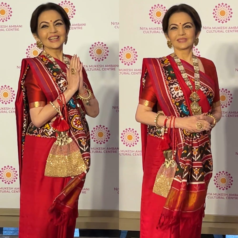 Nita Ambani dazzles in a red patola saree but it’s her blouse with Radha-Krishna embroidery that truly steals the show Nita Ambani dazzles in a red patola saree but it’s her blouse with Radha-Krishna embroidery that truly steals the show