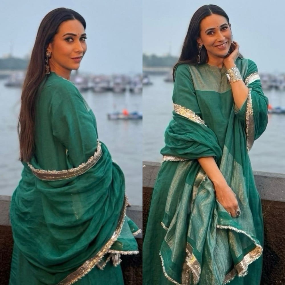 ‘90s Bollywood girl Karisma Kapoor in stunning green kurta set worth Rs 18,500 is giving major ‘palat' moment  ‘90s Bollywood girl Karisma Kapoor in stunning green kurta set worth Rs 18,500 is giving major ‘palat' moment