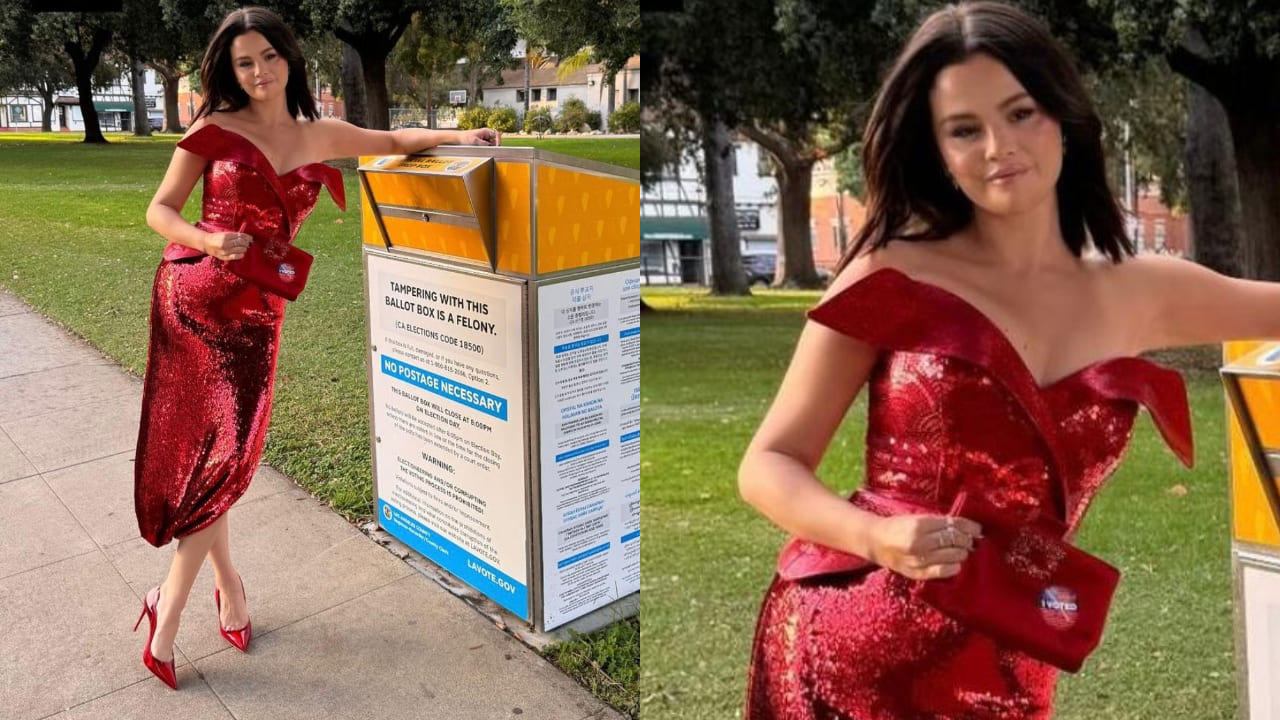 Selena Gomez in red sequin dress 