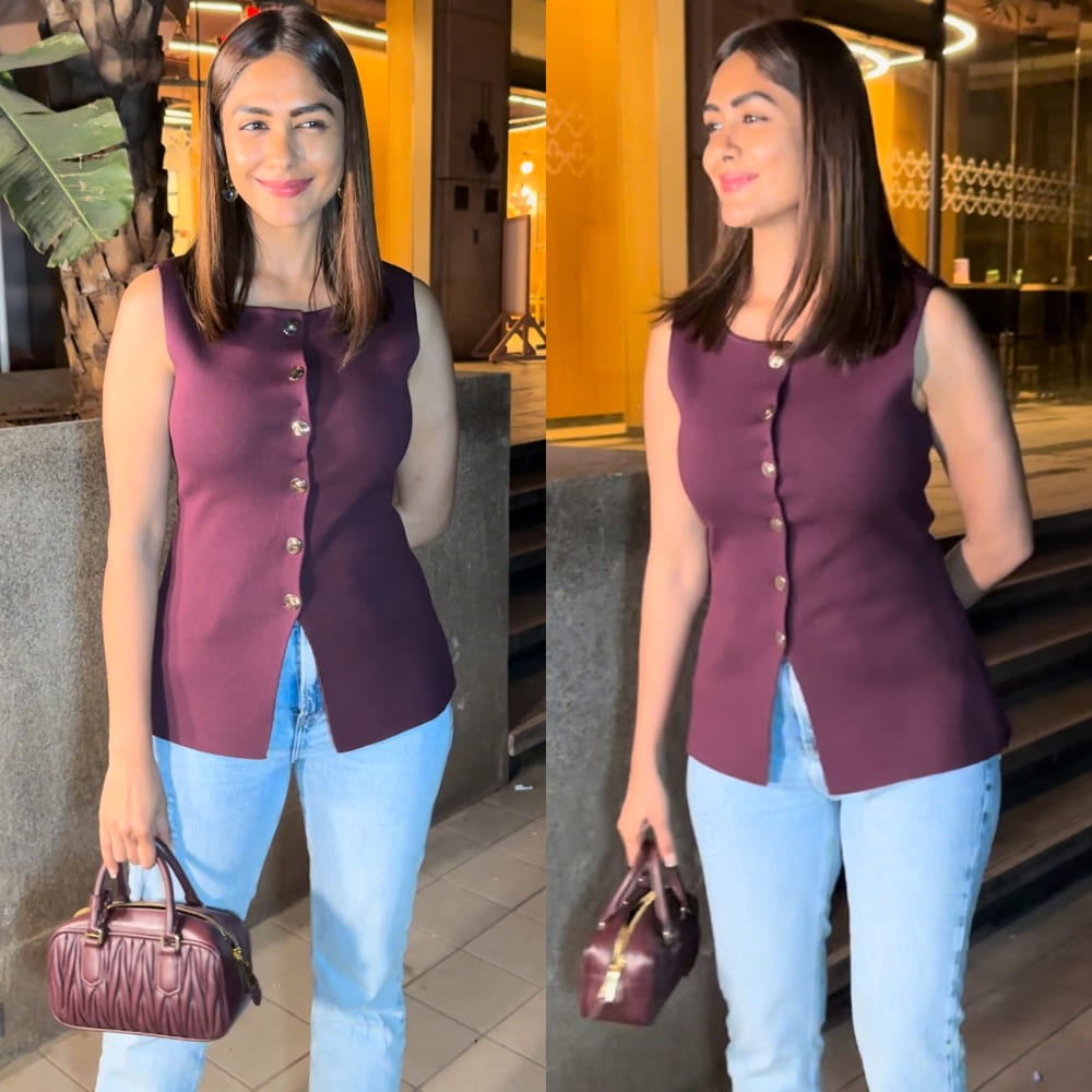  Mrunal Thakur serves Friday night inspo in maroon waistcoat top and denim jeans but he...