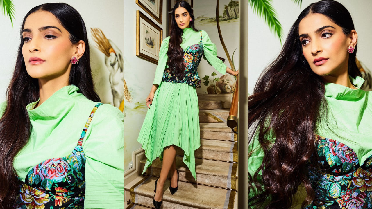 Sonam Kapoor served another statement look in a green pleated dress with a floral corset