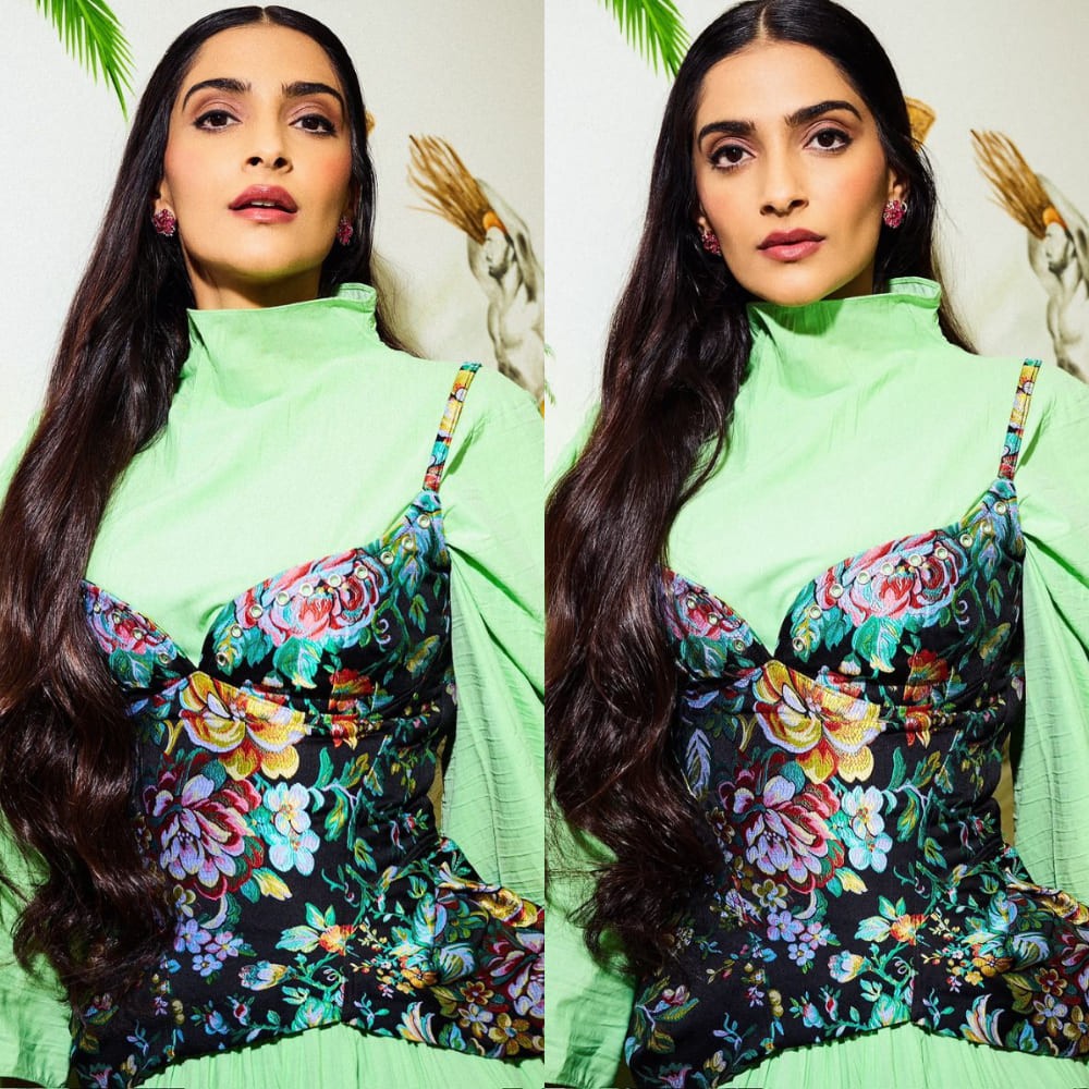 Sonam Kapoor's Thanksgiving look in green pleated dress and floral corset is a fusion ...  Sonam Kapoor's Thanksgiving look in green pleated dress and floral corset is a fusion ...