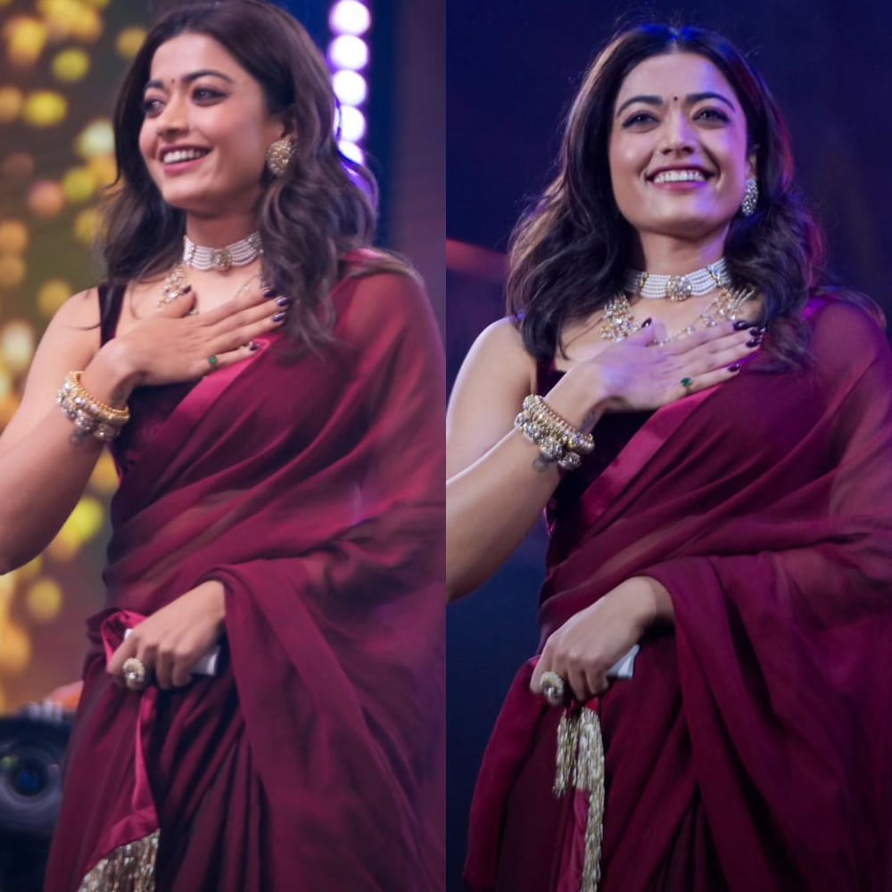 Rashmika Mandanna in burgundy saree is the perfect mix of fire and flower at Pushpa 2: ...
