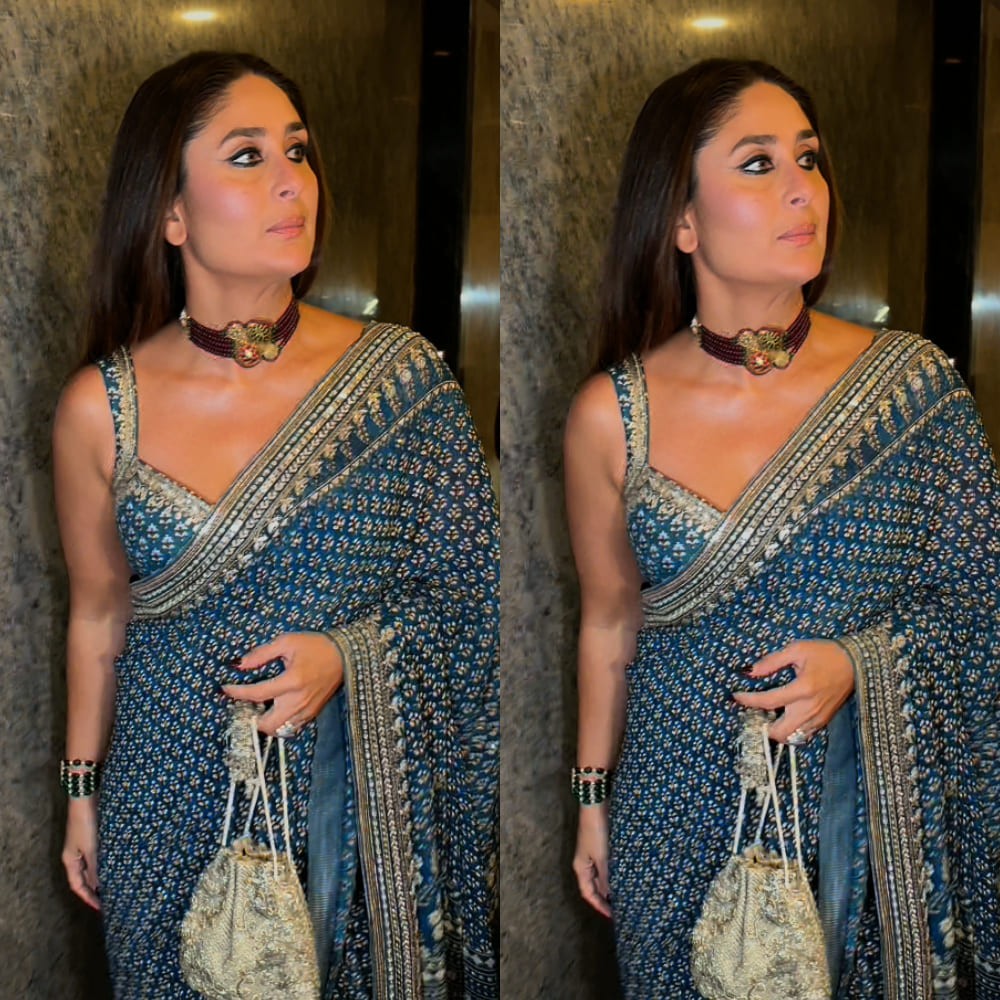 Kareena Kapoor's bold and classy look in georgette blue saree by Anita Dongre is sheer ...