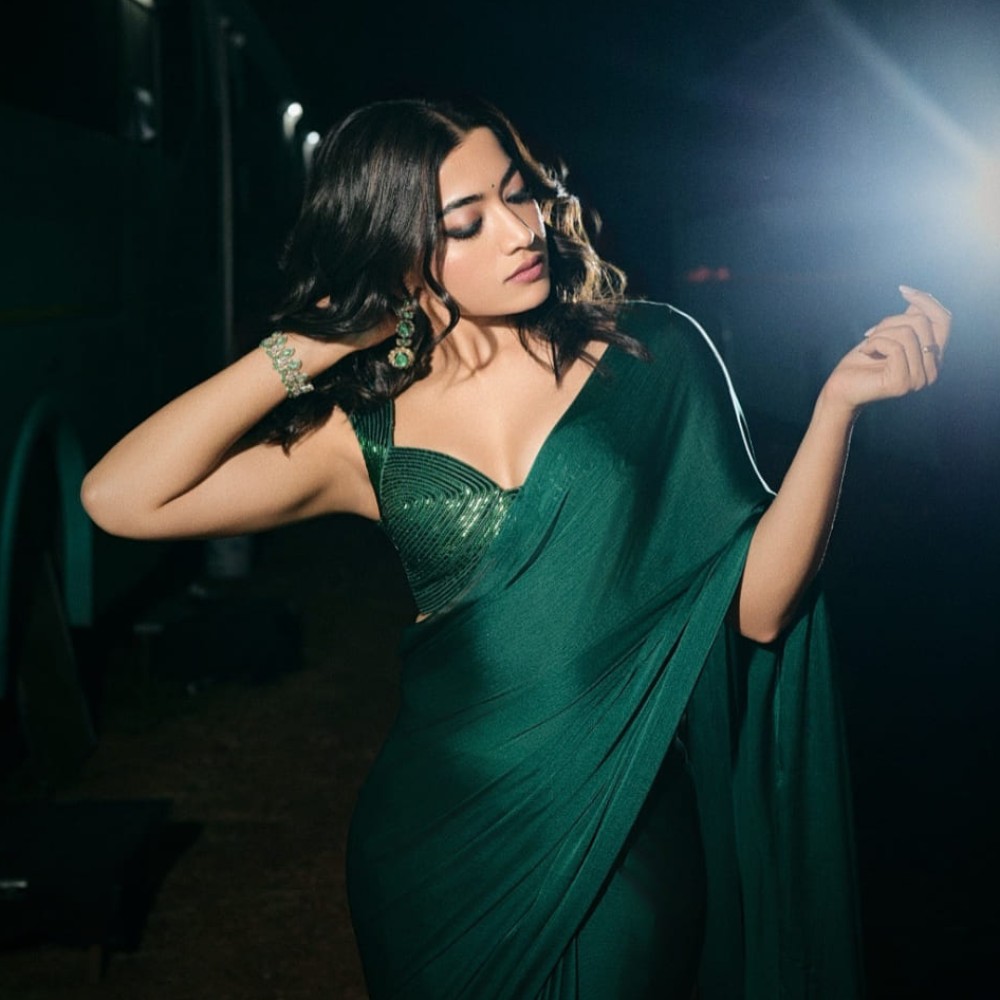 Rashmika Mandanna's bewitching look in Amit Aggarwal's custom emerald green saree and b...