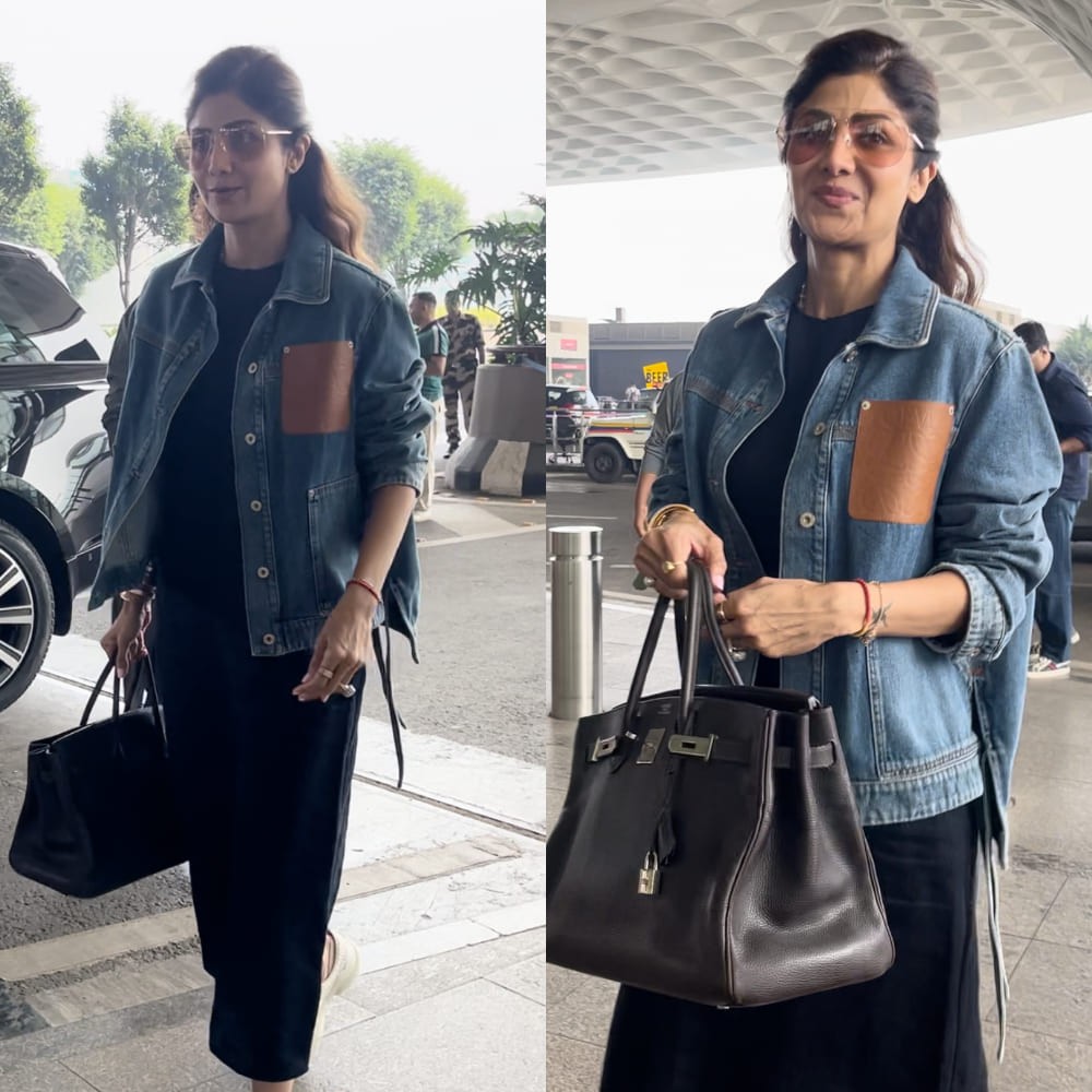Shilpa Shetty aces airport style in a chic blue dress and denim jacket, but her dazzlin...