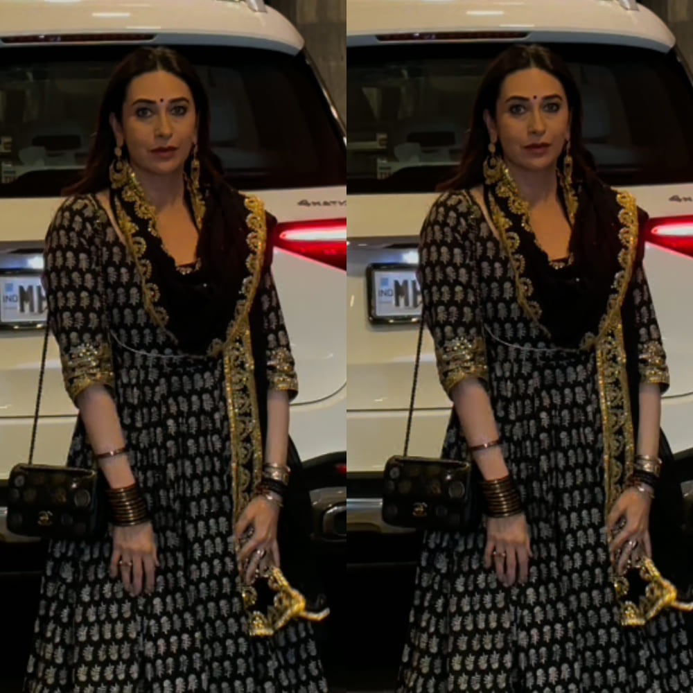 Karisma Kapoor proves her charisma is undeniable in Dua black Anarkali suit and mini Ch...