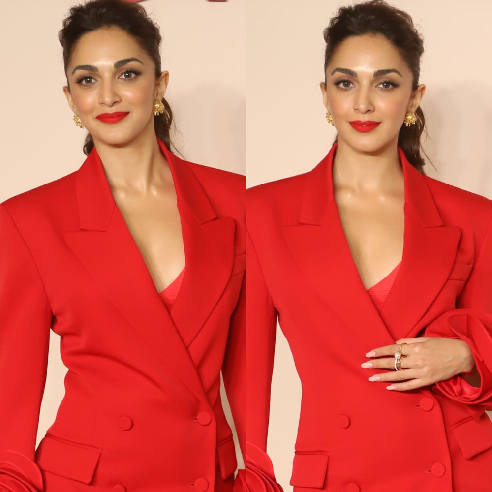 Kiara Advani’s smokey red monochrome party look in Valentino blazer and 75K footwear is...