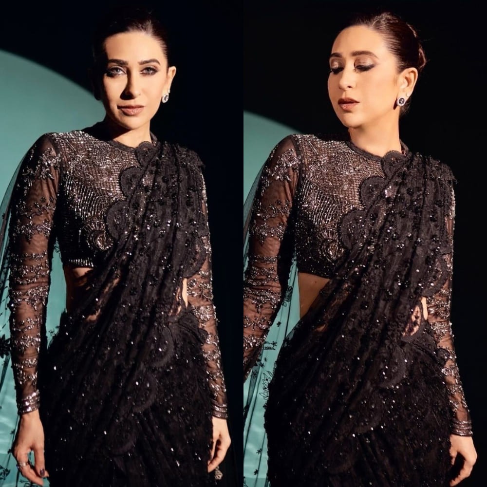 Karisma Kapoor's black sequin saree with cape is ultimate staple for your next cocktail night Karisma Kapoor's black sequin saree with cape is ultimate staple for your next cocktail night
