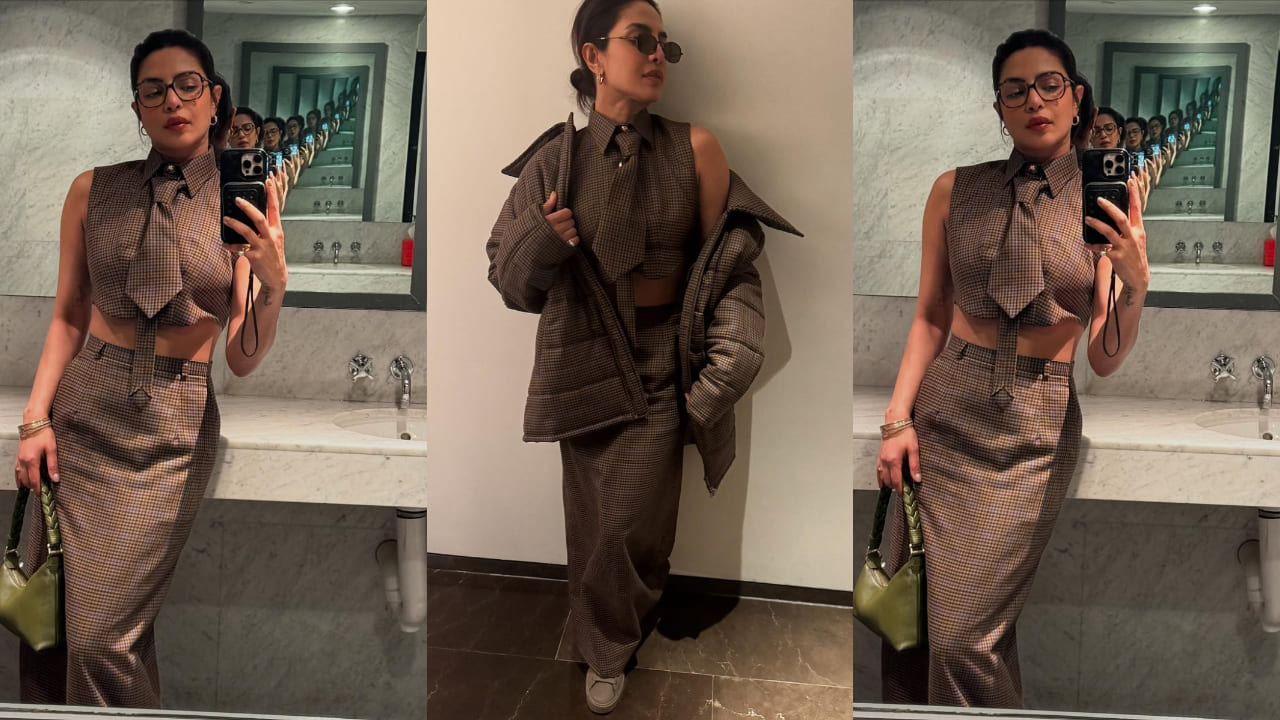 Priyanka Chopra exudes elegance in Helen Anthony's winter outfit with tie-front detail, a perfect contemporary take on professional attire