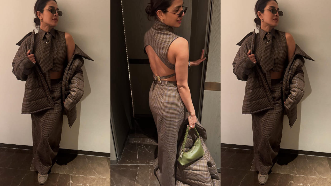 Priyanka Chopra exudes elegance in Helen Anthony's winter outfit with tie-front detail, a perfect contemporary take on professional attire