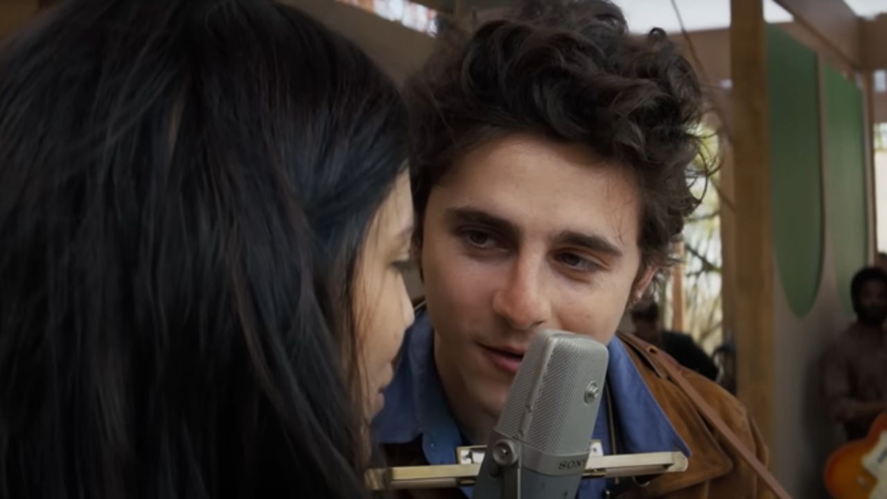 Timothée Chalamet in A Complete Unknown (via YouTube)