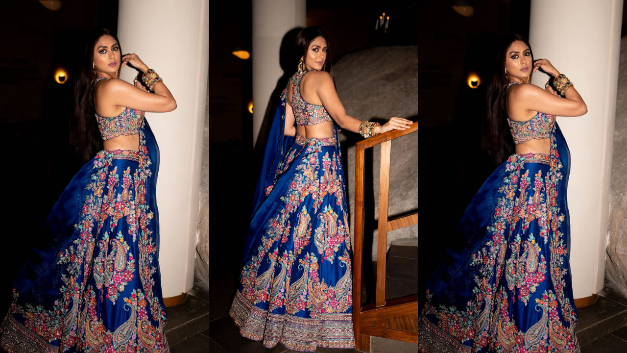Mrunal Thakur proves blue is definitely her color as she serves an irresistible look in Aryahi lehenga set worth Rs 3 Lakh