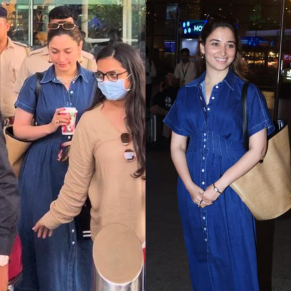Tamannaah Bhatia repeats her denim maxi dress for a stylish airport look; champions sus...