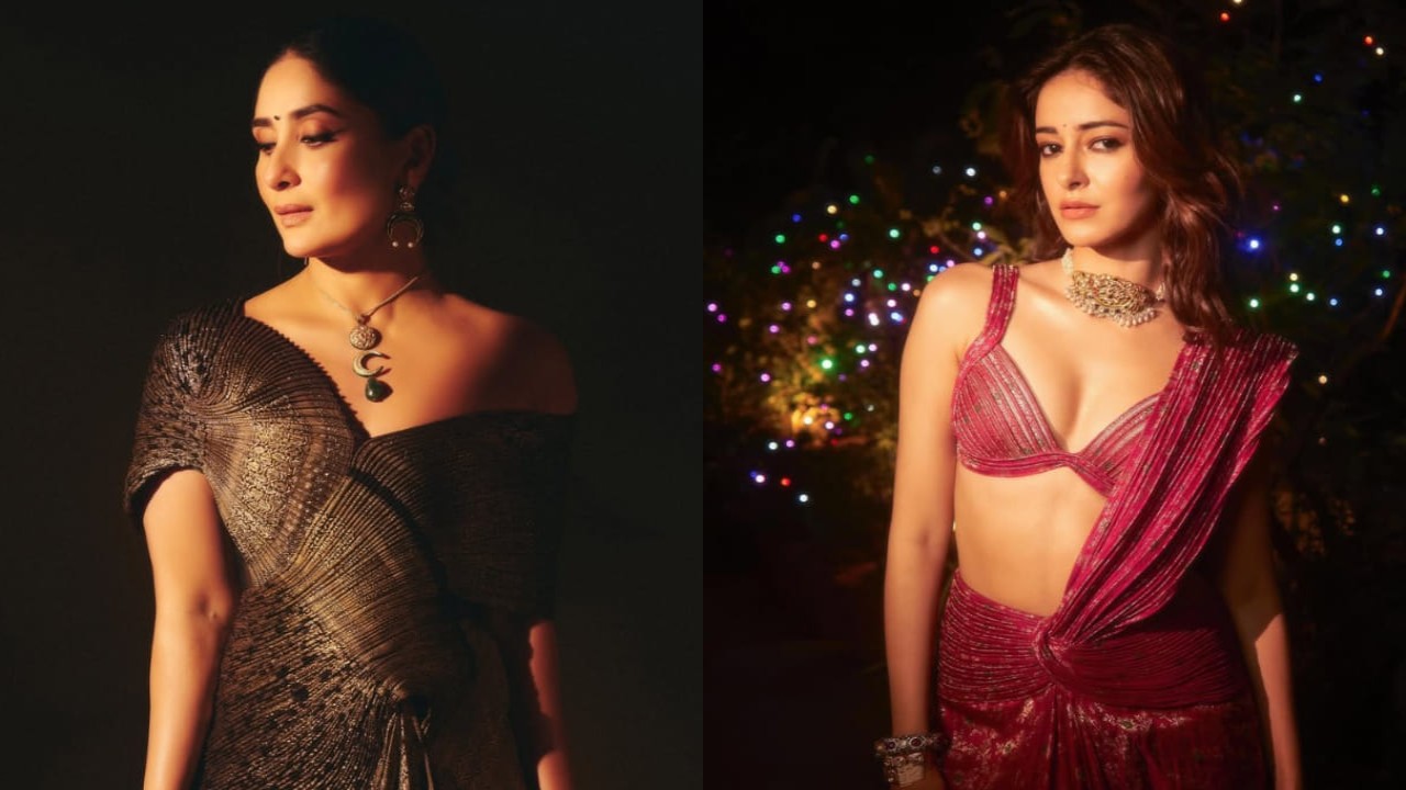 5 pre-draped sarees inspired by Bollywood divas like Kareena Kapoor Khan and Ananya Panday for a fuss-free yet stylish wedding look (PC: The House Of Pixels, Khushi Kapoor Instagram, Vaishnav Praveen, Tridev Sudevan, Vidhi Godha 5 celeb-worn pre-draped sarees to rock wedding celebrations without pleat stress