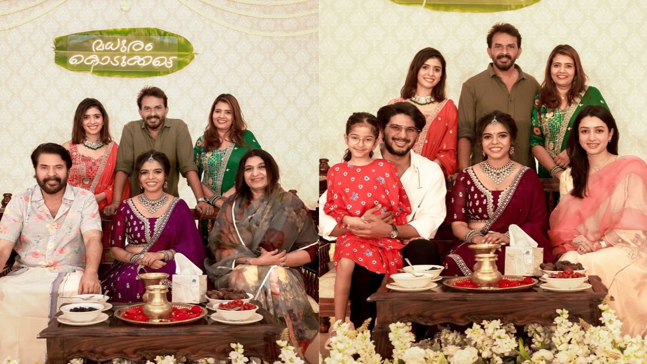 Mammootty, Dulquer pose with family at event of former’s makeup artist: See rare picture (PC: George S on X) Mammootty, Dulquer pose with family at event of former’s makeup artist: See rare picture