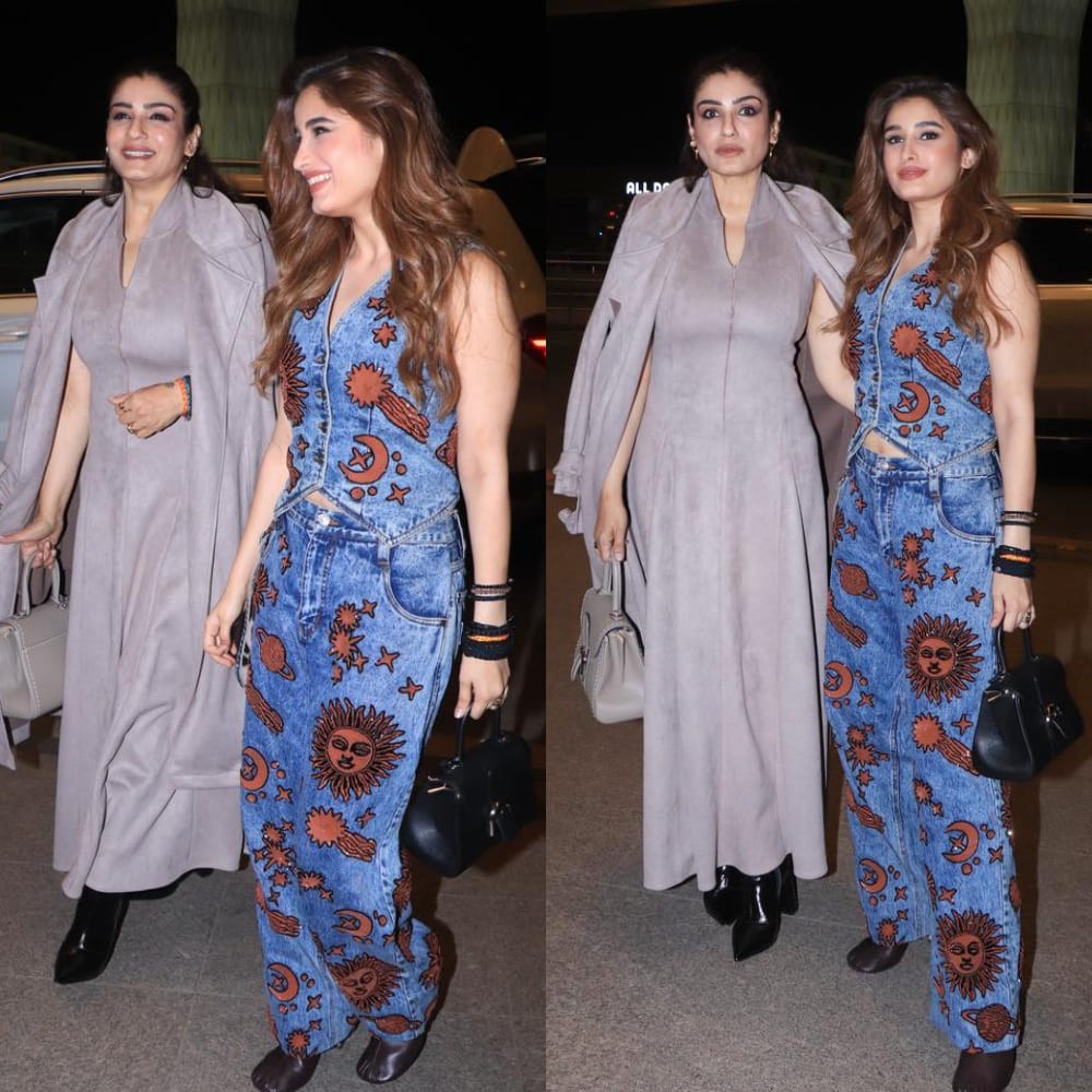 Rasha Thadani Raveena Tandon play with textures in denim and suede, tying their looks t...