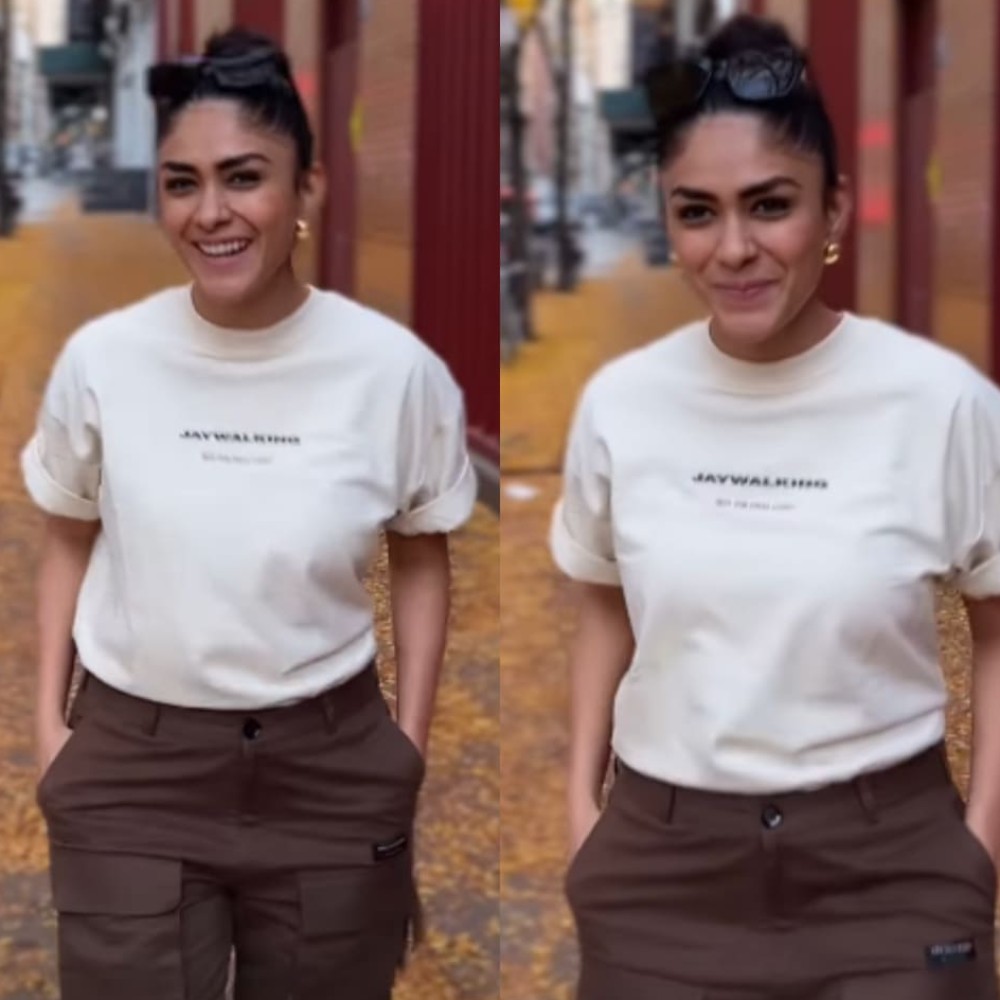 Mrunal Thakur is out there giving ‘Cool Girl Walk’ in the loose t-shirt and brown cargo...