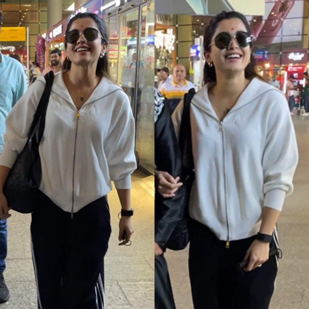 Rashmika Mandanna goes NO-FUSS for her airport look in no makeup, white hoodie and trackpants, giving straight-up travel goals