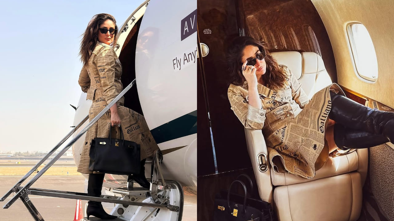 Kareena Kapoor turns airport runway into a catwalk in rare 2005 Gazette Print co-ord, paired with a Hermès bag