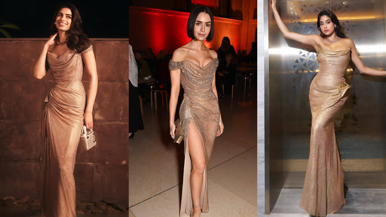 Khushi Kapoor wears the exact champagne gold gown as Lily Collins with Cartier rings worth over Rs 13,90,000. PC: Getty Images, Khushi Kapoor IG, Janhvi Kapoor IG