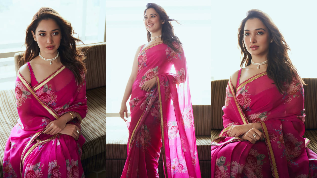 Tamannaah Bhatia in georgette Gulabi saree worth Rs 19,500 is a perfect combo of breezy, colorful and HOT. PS: Ishan Giri 