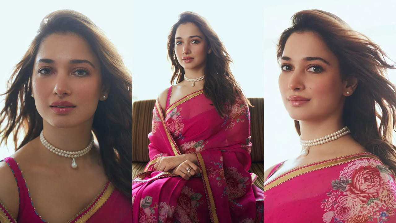 Tamannaah Bhatia in georgette Gulabi saree worth Rs 19,500 is a perfect combo of breezy, colorful and HOT. PS: Ishan Giri 