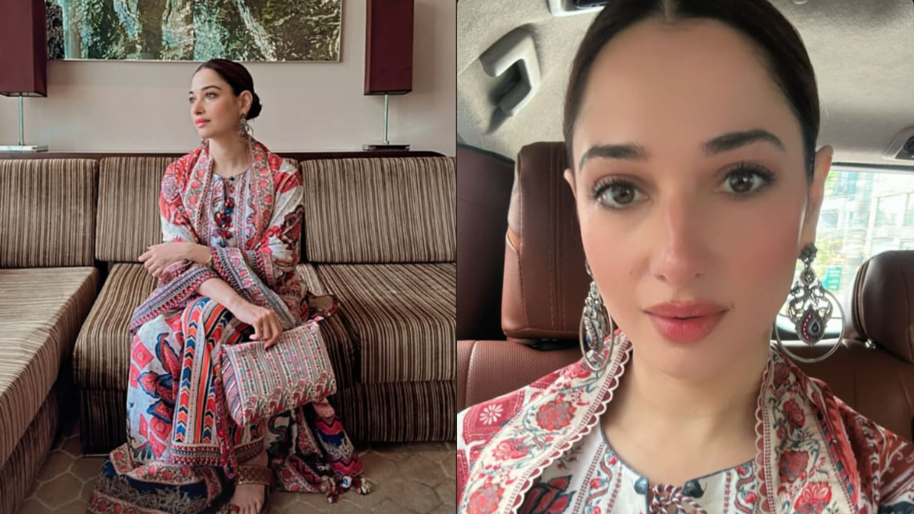Tamannaah Bhatia channels desi energy for her promotion look in stunning Karan Torani's printed kurta and palazzo set 