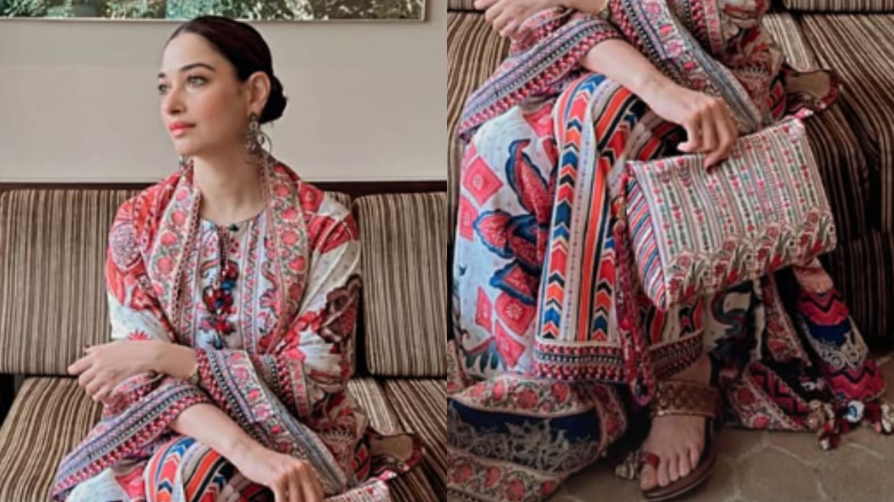 Tamannaah Bhatia channels desi energy for her promotion look in stunning Karan Torani's printed kurta and palazzo set 