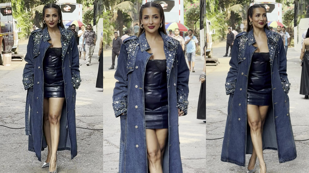 Malaika Arora builds a bold contrast with latex mini and glass-studded denim coat in her latest fashion switch-up. PC: Varinder