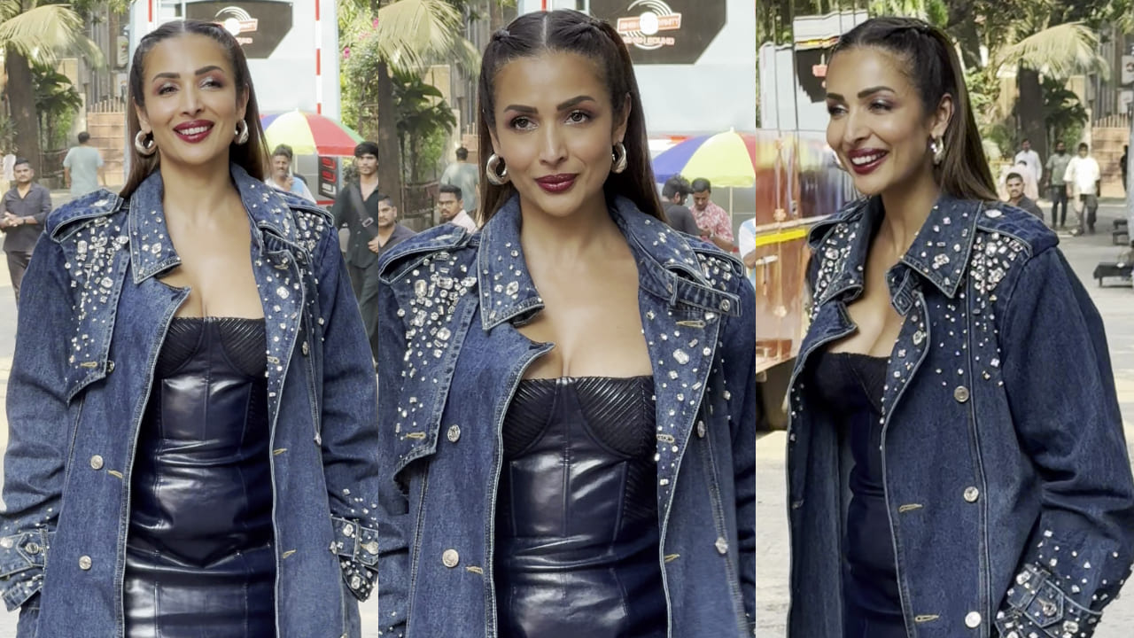 Malaika Arora builds a bold contrast with latex mini and glass-studded denim coat in her latest fashion switch-up. PC: Varinder