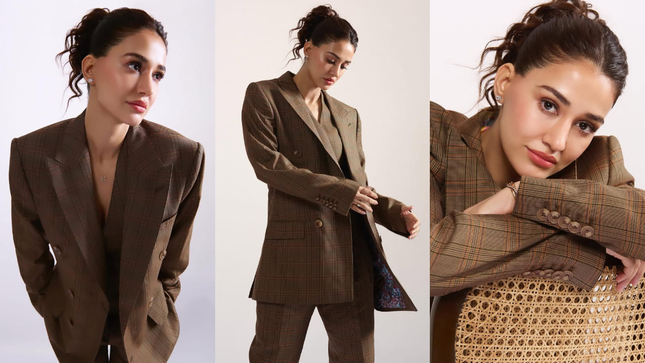 Disha Kapoor nails Beyond the Boardroom aesthetic in an olive corpcore pantsuit. PC: Disha Patani IG