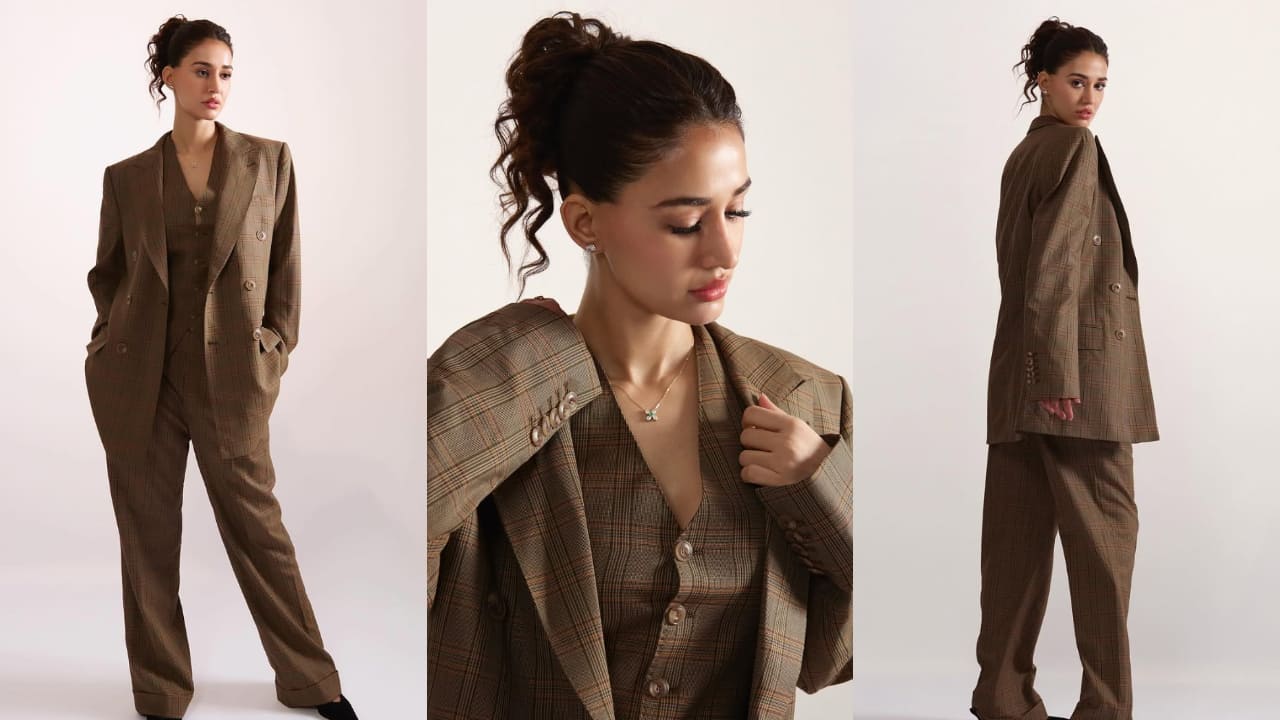 Disha Patani nails Beyond the Boardroom aesthetic in an olive corpcore pantsuit. PC: Disha Patani IG
