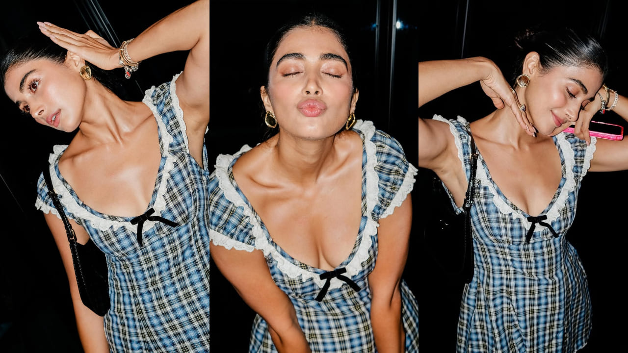 Pooja Hegde pairs Rs 3,19,000 Prada bag with summer-perfect Gingham mini dress. PC: Pooja Hegde IG 