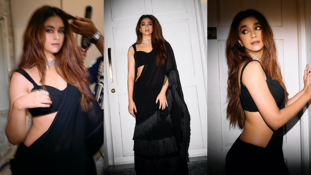 Keerthy Suresh enters her dark feminine era in a black swan aesthetic saree. Keerthy Suresh IG