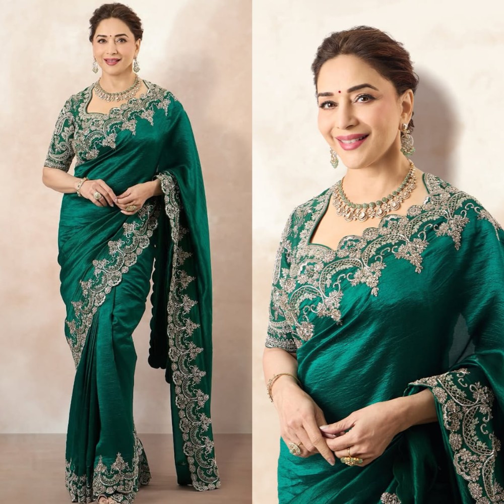 Dhak Dhak Girl Madhuri Dixit styles emerald saree with sage green dupatta for a royal l...